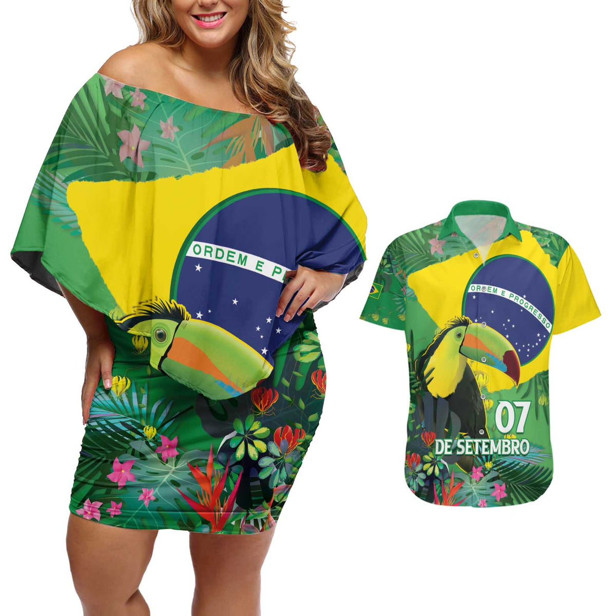 Feliz Dia Da Indepencencia Brazil Couples Matching Off Shoulder Short Dress and Hawaiian Shirt Brasil Toucan Tropical Vibes - Wonder Print Shop