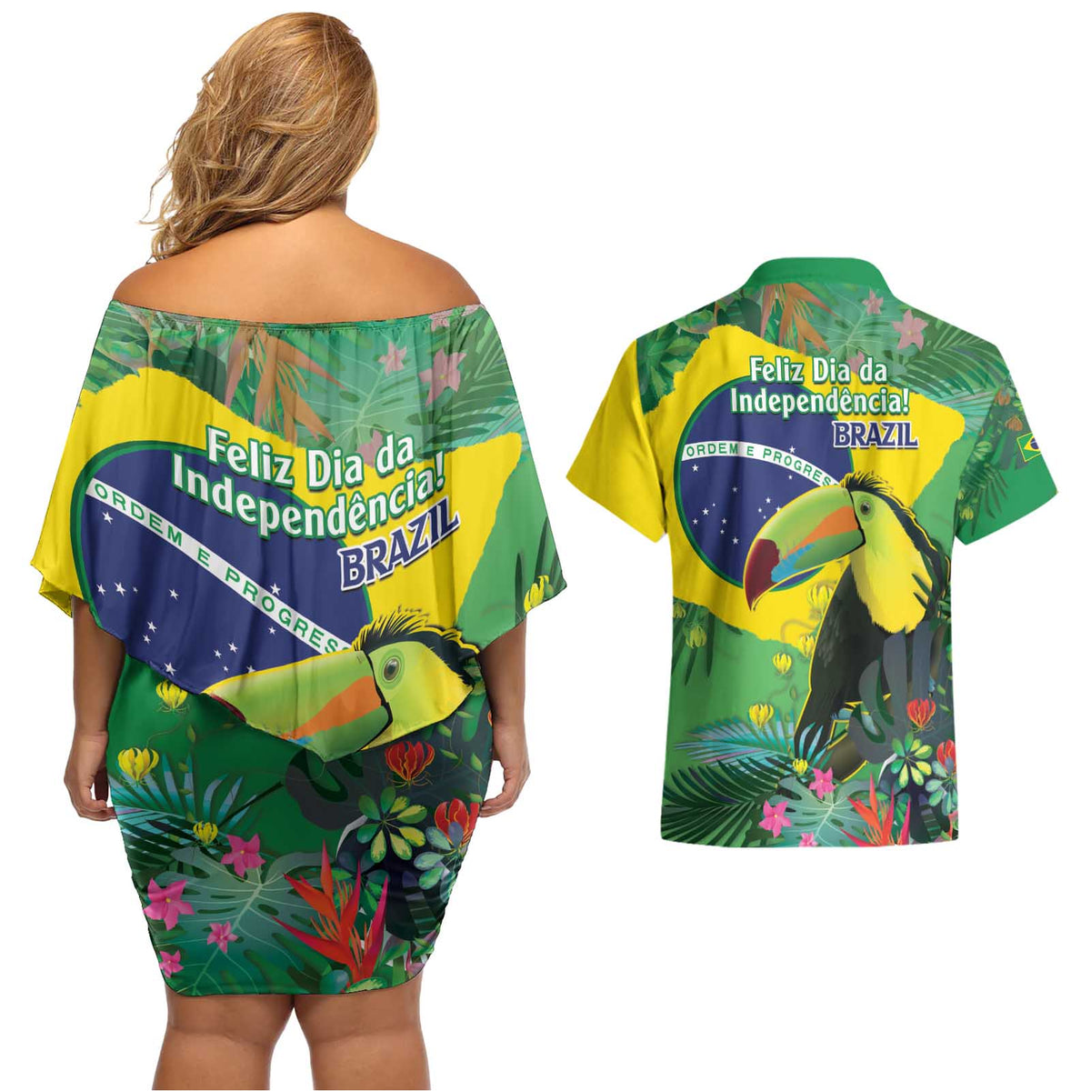 Feliz Dia Da Indepencencia Brazil Couples Matching Off Shoulder Short Dress and Hawaiian Shirt Brasil Toucan Tropical Vibes - Wonder Print Shop