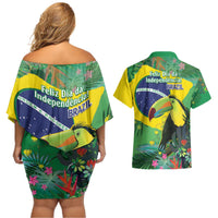 Feliz Dia Da Indepencencia Brazil Couples Matching Off Shoulder Short Dress and Hawaiian Shirt Brasil Toucan Tropical Vibes - Wonder Print Shop