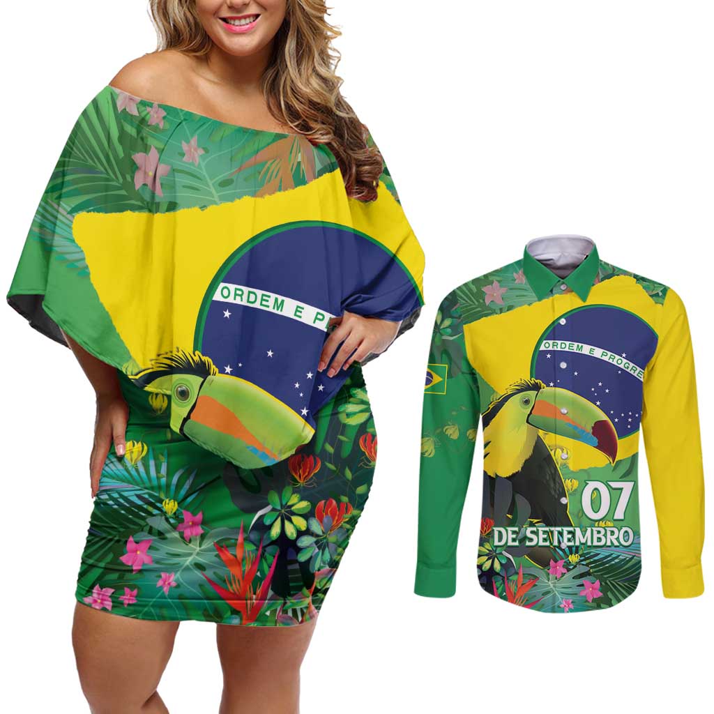 Feliz Dia Da Indepencencia Brazil Couples Matching Off Shoulder Short Dress and Long Sleeve Button Shirt Brasil Toucan Tropical Vibes - Wonder Print Shop