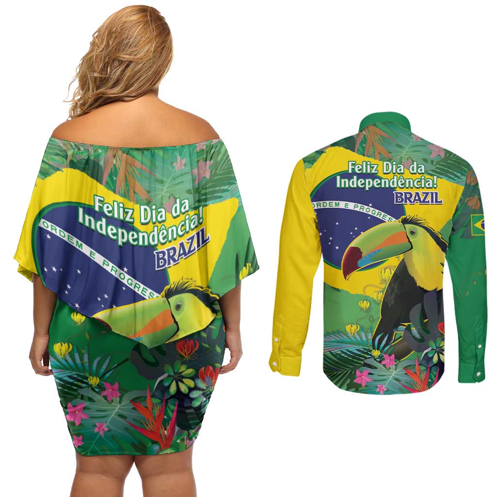 Feliz Dia Da Indepencencia Brazil Couples Matching Off Shoulder Short Dress and Long Sleeve Button Shirt Brasil Toucan Tropical Vibes - Wonder Print Shop