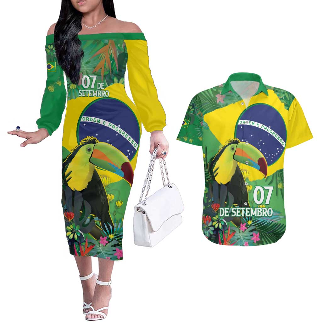 Feliz Dia Da Indepencencia Brazil Couples Matching Off The Shoulder Long Sleeve Dress and Hawaiian Shirt Brasil Toucan Tropical Vibes - Wonder Print Shop