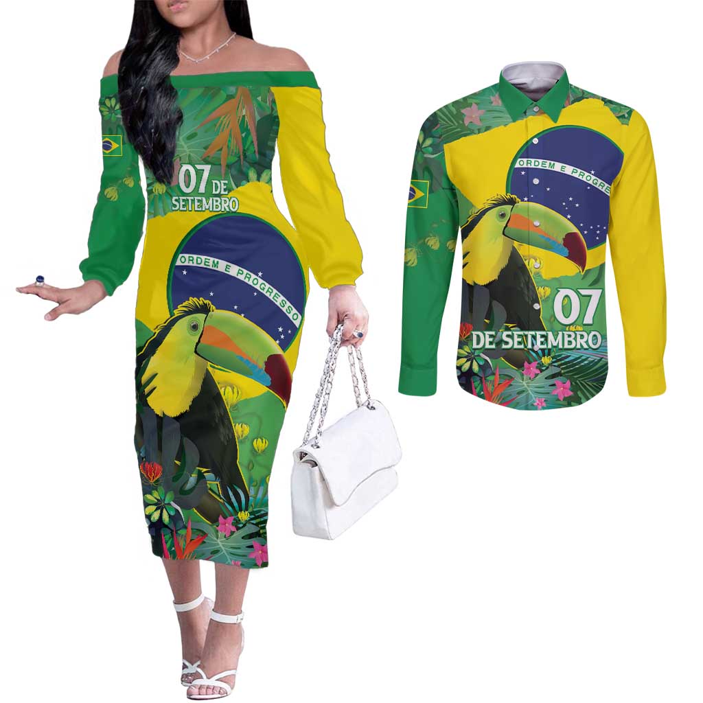Feliz Dia Da Indepencencia Brazil Couples Matching Off The Shoulder Long Sleeve Dress and Long Sleeve Button Shirt Brasil Toucan Tropical Vibes