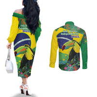 Feliz Dia Da Indepencencia Brazil Couples Matching Off The Shoulder Long Sleeve Dress and Long Sleeve Button Shirt Brasil Toucan Tropical Vibes