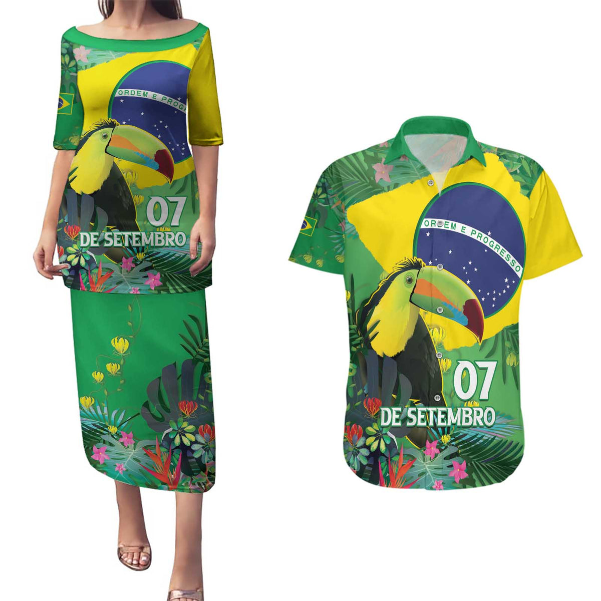 Feliz Dia Da Indepencencia Brazil Couples Matching Puletasi and Hawaiian Shirt Brasil Toucan Tropical Vibes - Wonder Print Shop