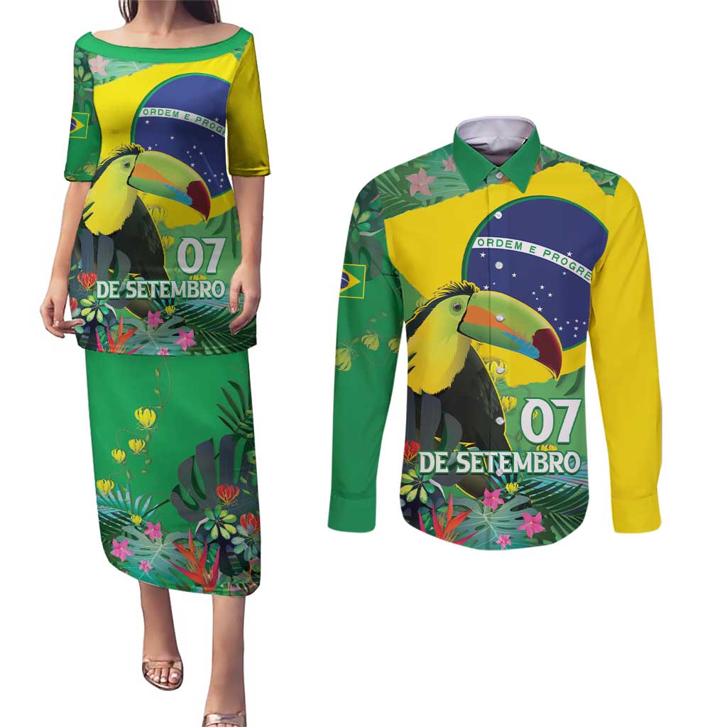 Feliz Dia Da Indepencencia Brazil Couples Matching Puletasi and Long Sleeve Button Shirt Brasil Toucan Tropical Vibes - Wonder Print Shop