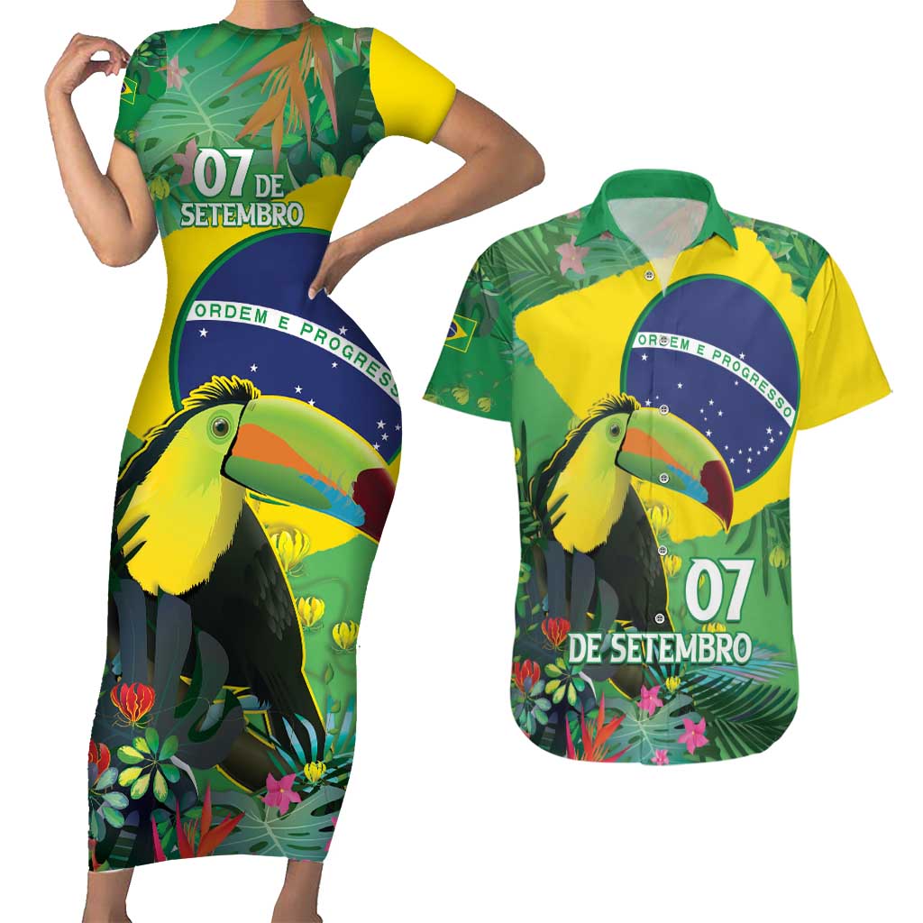 Feliz Dia Da Indepencencia Brazil Couples Matching Short Sleeve Bodycon Dress and Hawaiian Shirt Brasil Toucan Tropical Vibes - Wonder Print Shop