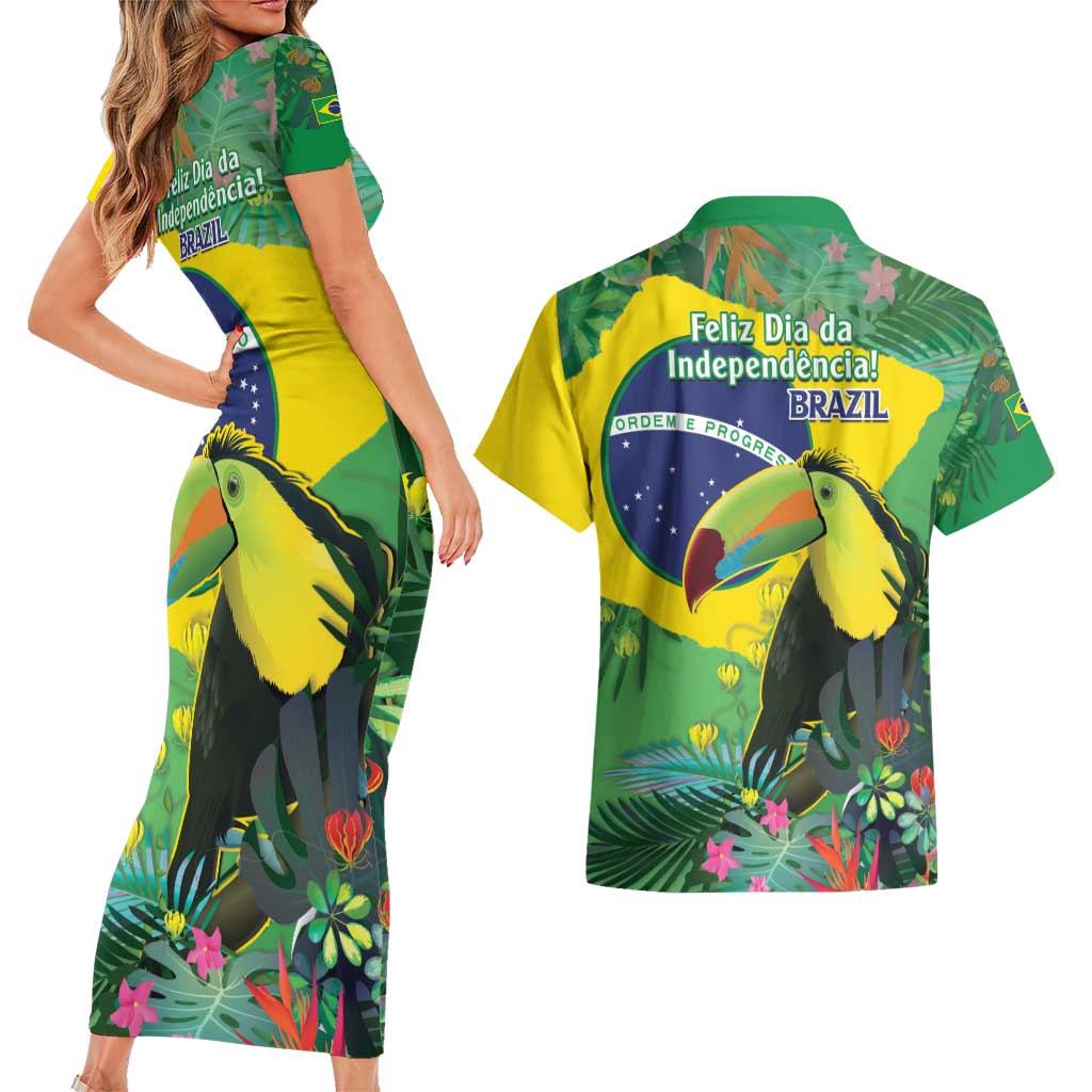 Feliz Dia Da Indepencencia Brazil Couples Matching Short Sleeve Bodycon Dress and Hawaiian Shirt Brasil Toucan Tropical Vibes - Wonder Print Shop