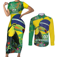Feliz Dia Da Indepencencia Brazil Couples Matching Short Sleeve Bodycon Dress and Long Sleeve Button Shirt Brasil Toucan Tropical Vibes - Wonder Print Shop
