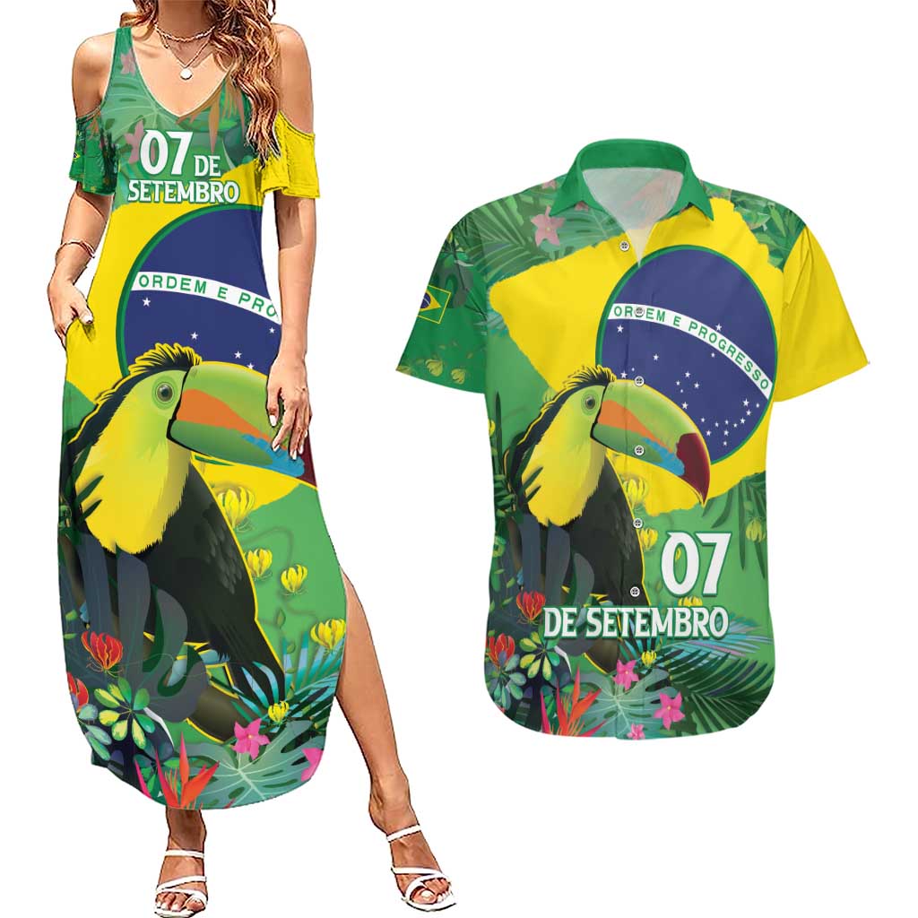 Feliz Dia Da Indepencencia Brazil Couples Matching Summer Maxi Dress and Hawaiian Shirt Brasil Toucan Tropical Vibes - Wonder Print Shop