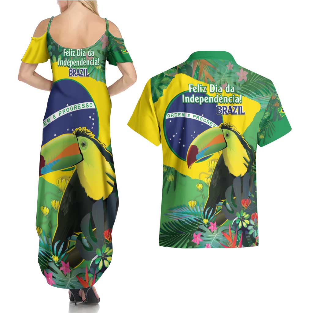 Feliz Dia Da Indepencencia Brazil Couples Matching Summer Maxi Dress and Hawaiian Shirt Brasil Toucan Tropical Vibes - Wonder Print Shop
