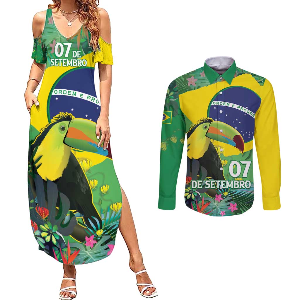 Feliz Dia Da Indepencencia Brazil Couples Matching Summer Maxi Dress and Long Sleeve Button Shirt Brasil Toucan Tropical Vibes - Wonder Print Shop