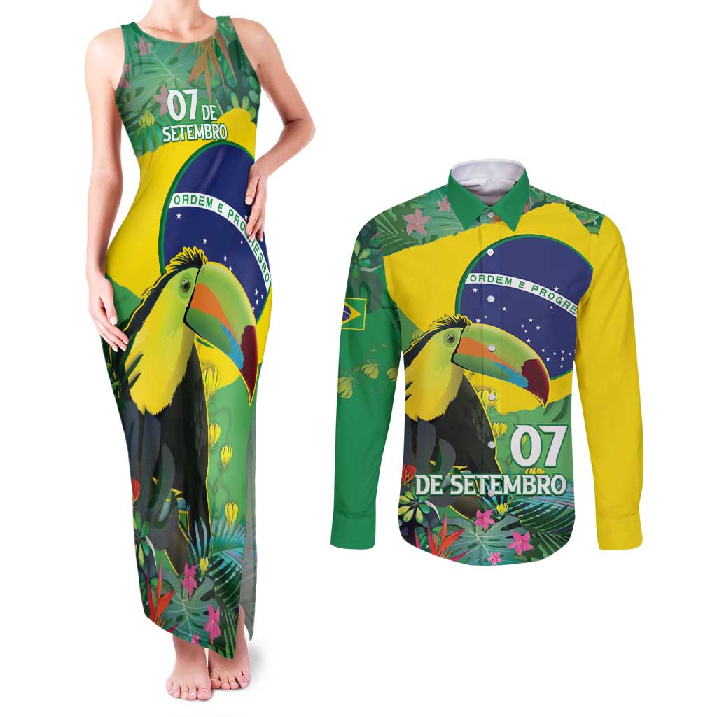 Feliz Dia Da Indepencencia Brazil Couples Matching Tank Maxi Dress and Long Sleeve Button Shirt Brasil Toucan Tropical Vibes - Wonder Print Shop