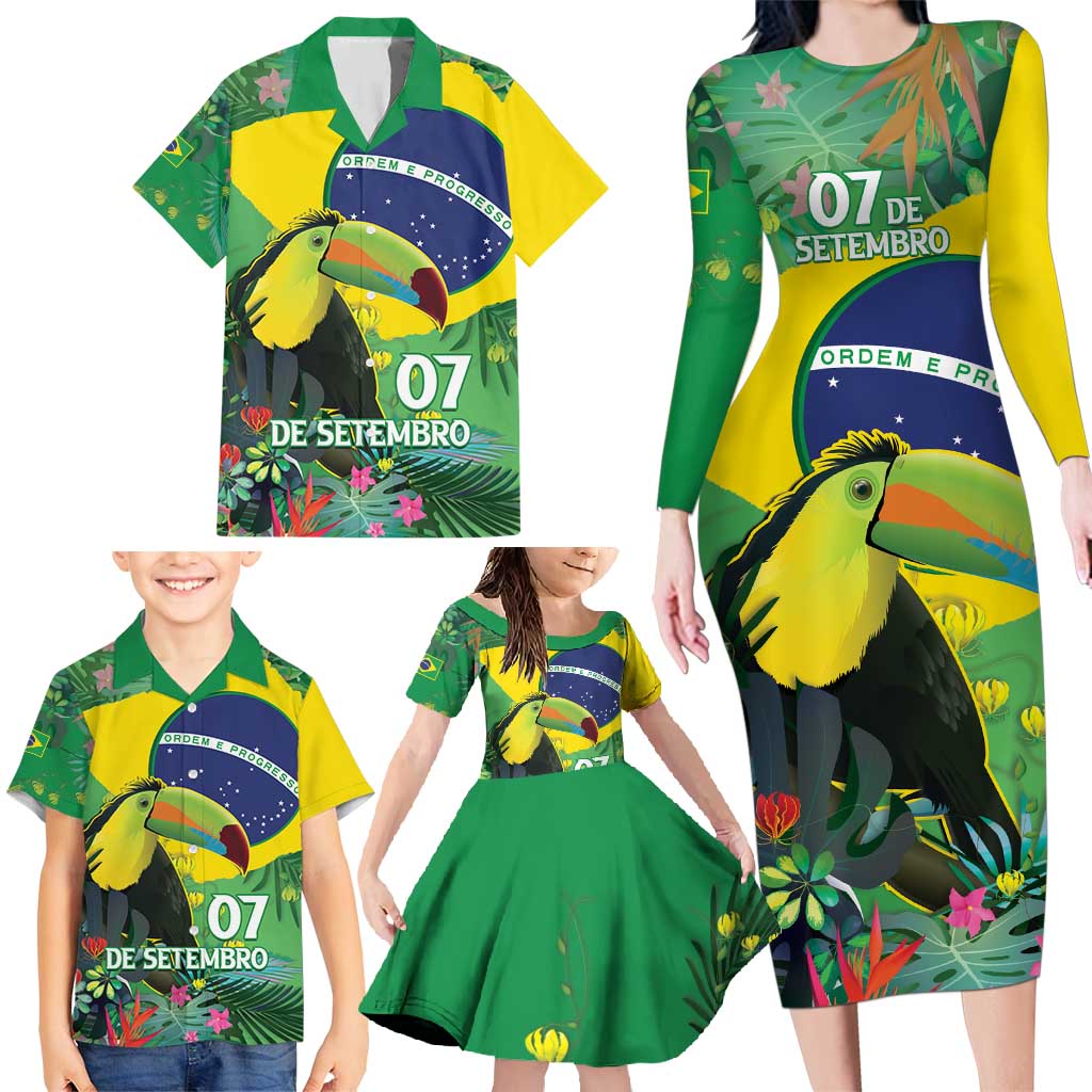 Feliz Dia Da Indepencencia Brazil Family Matching Long Sleeve Bodycon Dress and Hawaiian Shirt Brasil Toucan Tropical Vibes - Wonder Print Shop