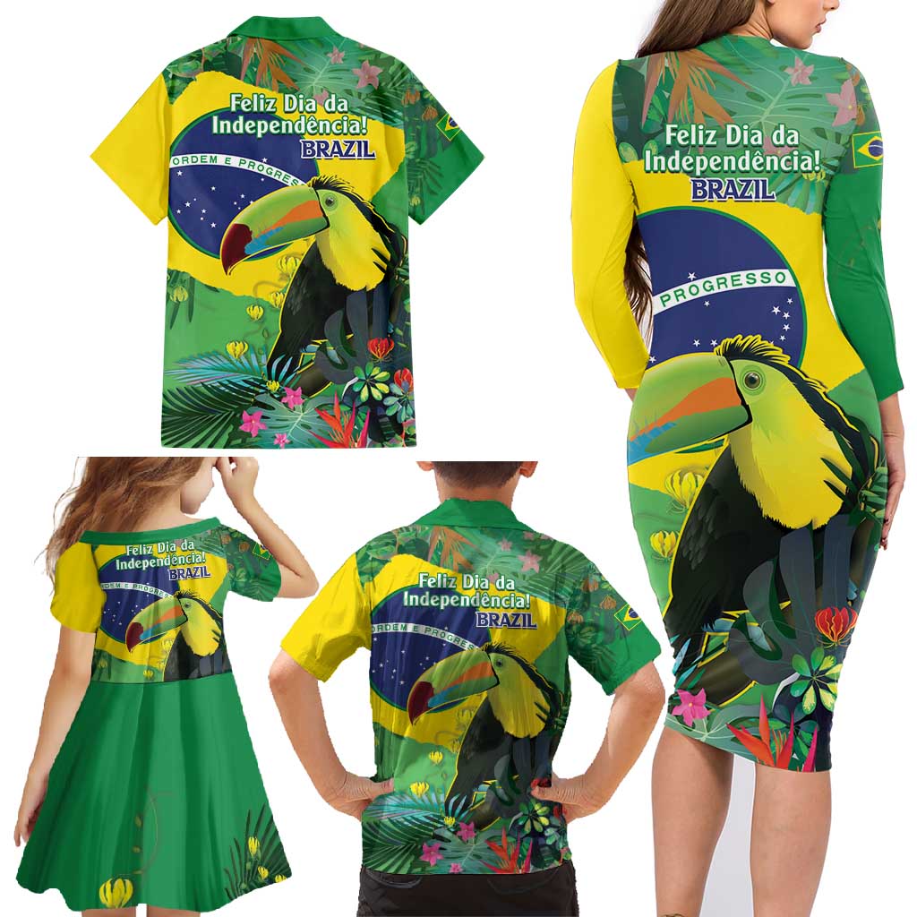 Feliz Dia Da Indepencencia Brazil Family Matching Long Sleeve Bodycon Dress and Hawaiian Shirt Brasil Toucan Tropical Vibes - Wonder Print Shop