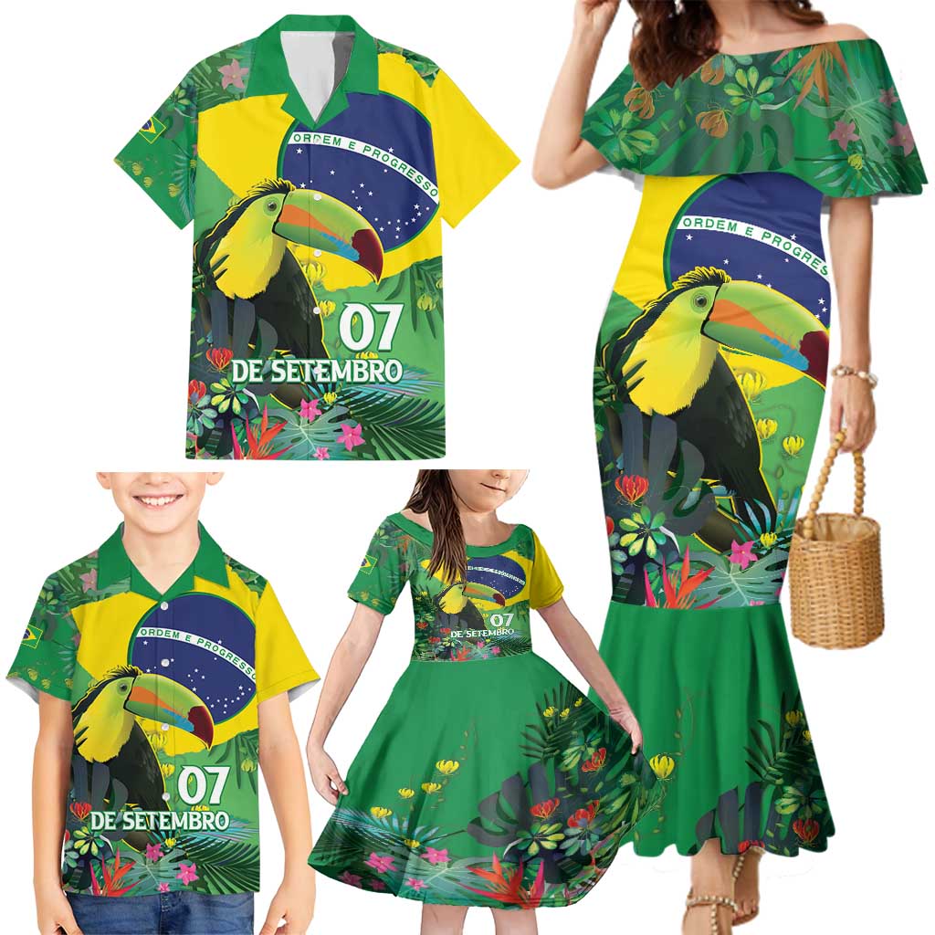Feliz Dia Da Indepencencia Brazil Family Matching Mermaid Dress and Hawaiian Shirt Brasil Toucan Tropical Vibes - Wonder Print Shop