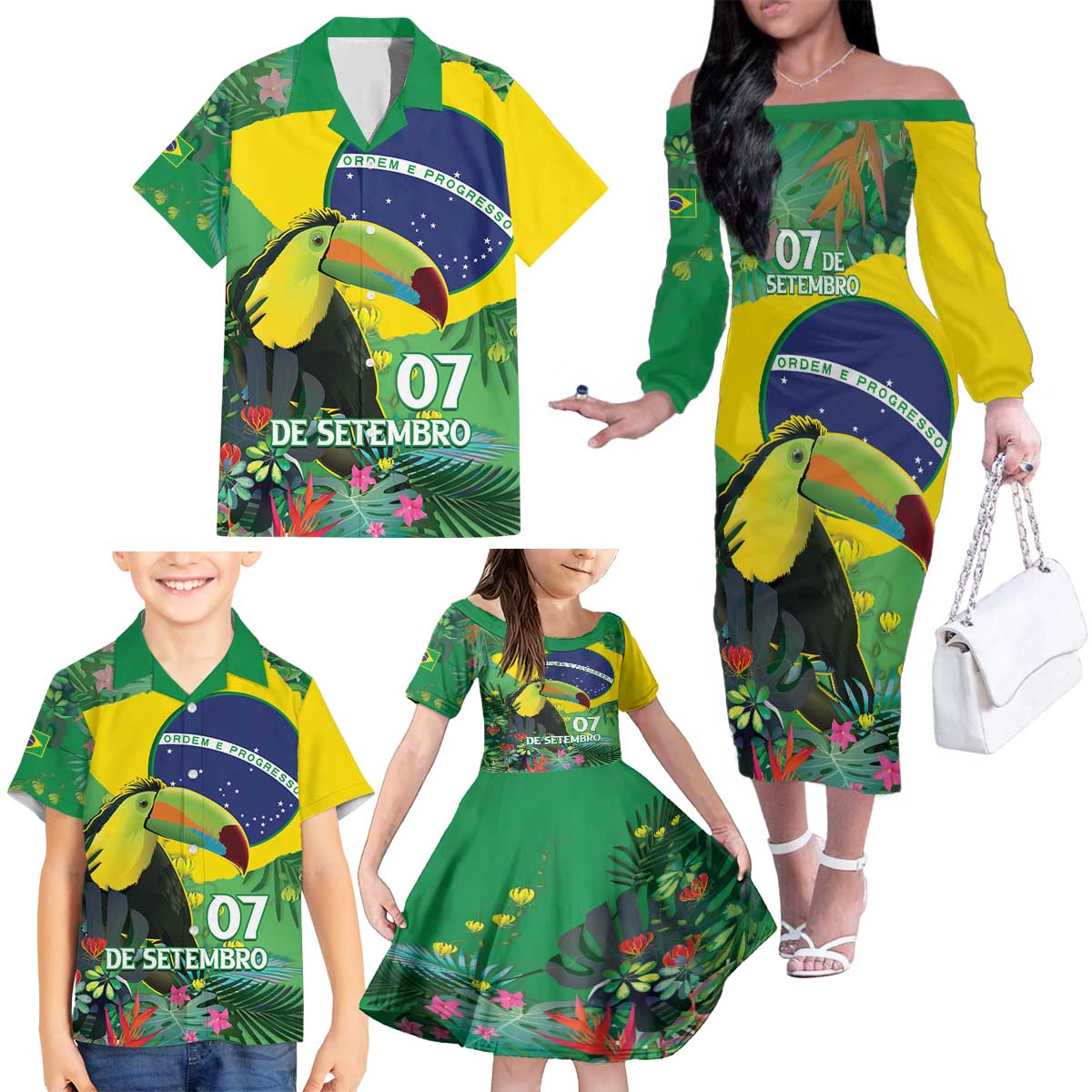 Feliz Dia Da Indepencencia Brazil Family Matching Off The Shoulder Long Sleeve Dress and Hawaiian Shirt Brasil Toucan Tropical Vibes - Wonder Print Shop