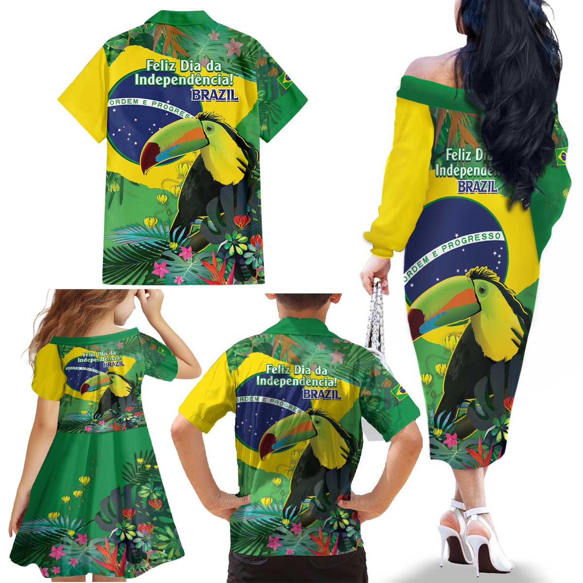 Feliz Dia Da Indepencencia Brazil Family Matching Off The Shoulder Long Sleeve Dress and Hawaiian Shirt Brasil Toucan Tropical Vibes - Wonder Print Shop