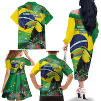Feliz Dia Da Indepencencia Brazil Family Matching Off The Shoulder Long Sleeve Dress and Hawaiian Shirt Brasil Toucan Tropical Vibes - Wonder Print Shop