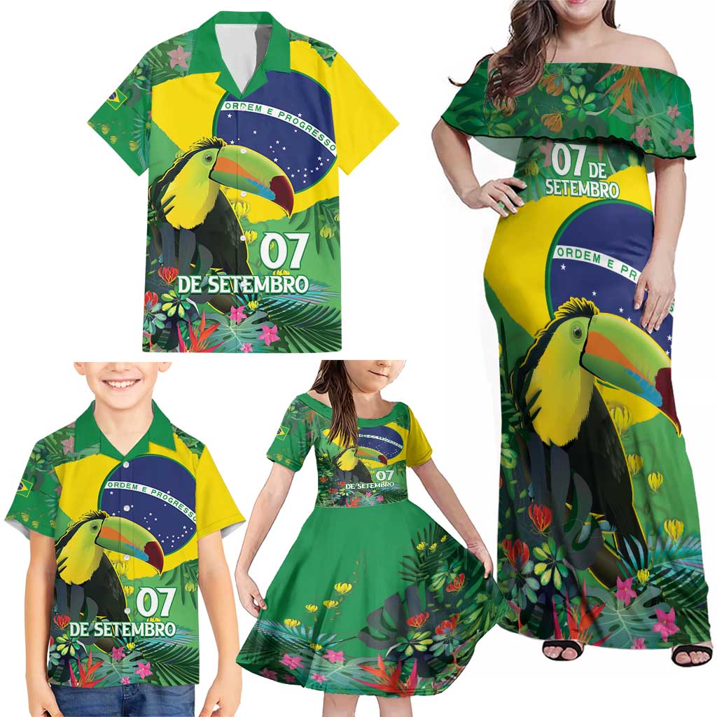 Feliz Dia Da Indepencencia Brazil Family Matching Off Shoulder Maxi Dress and Hawaiian Shirt Brasil Toucan Tropical Vibes - Wonder Print Shop
