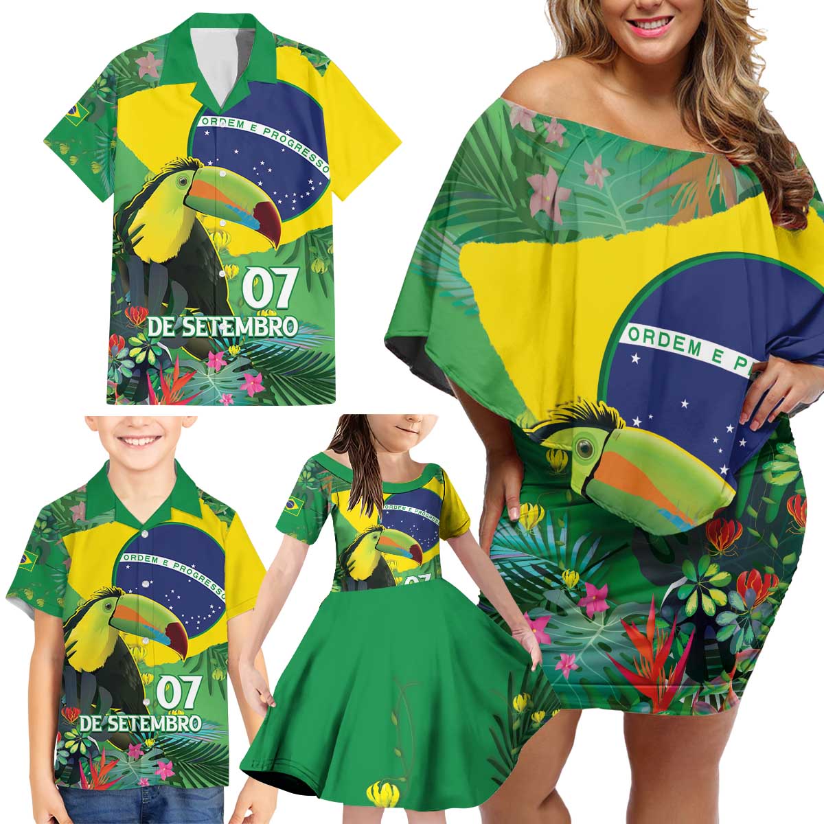 Feliz Dia Da Indepencencia Brazil Family Matching Off Shoulder Short Dress and Hawaiian Shirt Brasil Toucan Tropical Vibes - Wonder Print Shop