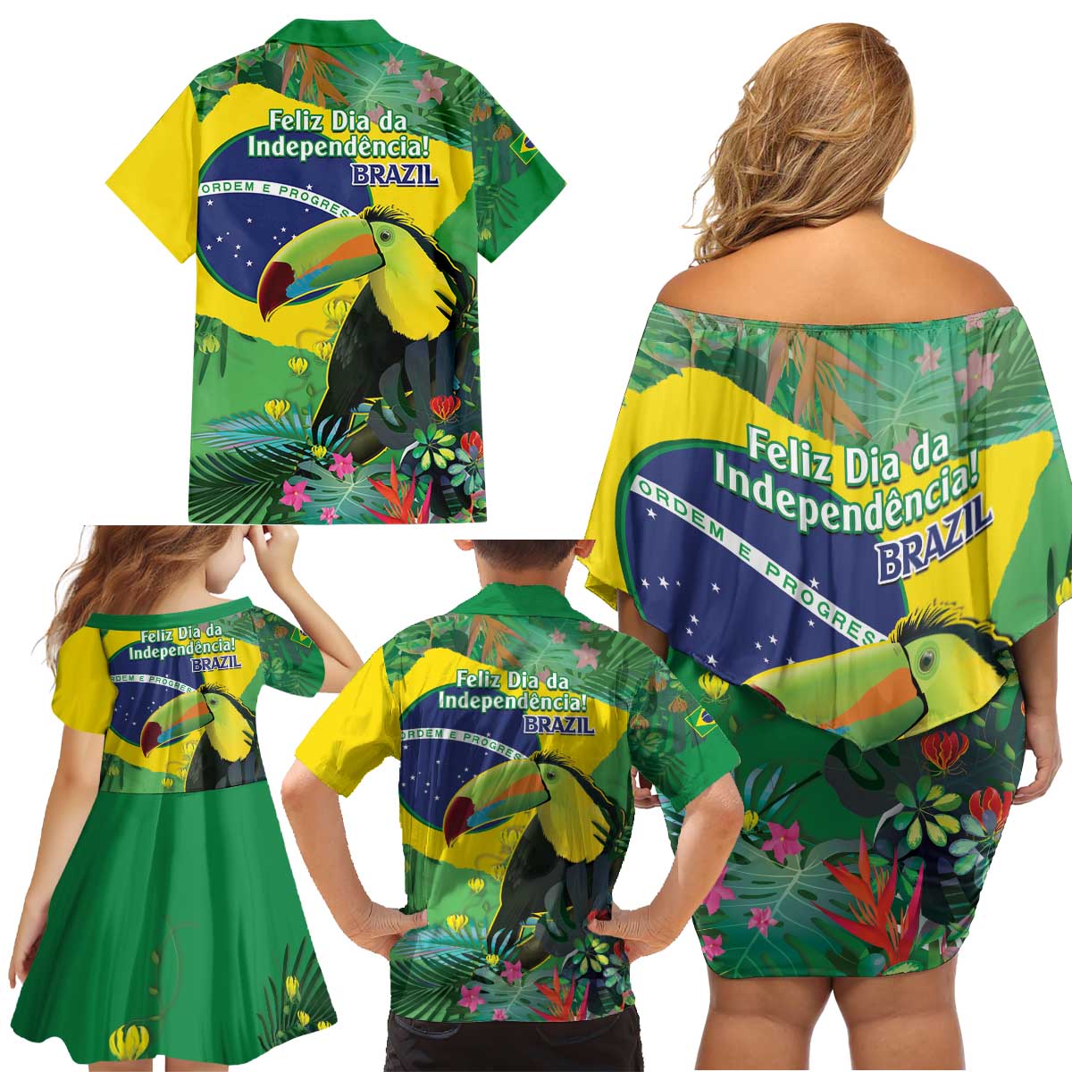 Feliz Dia Da Indepencencia Brazil Family Matching Off Shoulder Short Dress and Hawaiian Shirt Brasil Toucan Tropical Vibes - Wonder Print Shop