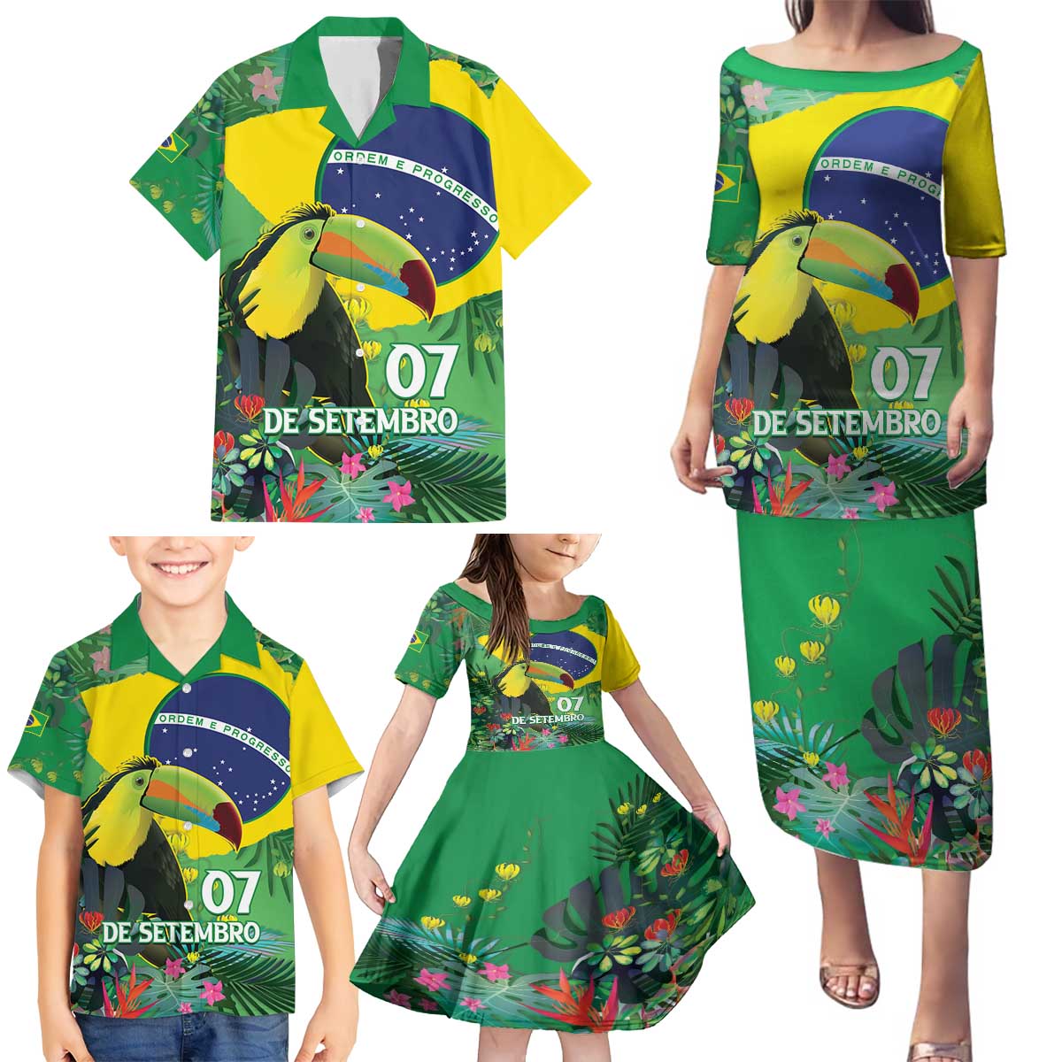 Feliz Dia Da Indepencencia Brazil Family Matching Puletasi and Hawaiian Shirt Brasil Toucan Tropical Vibes - Wonder Print Shop