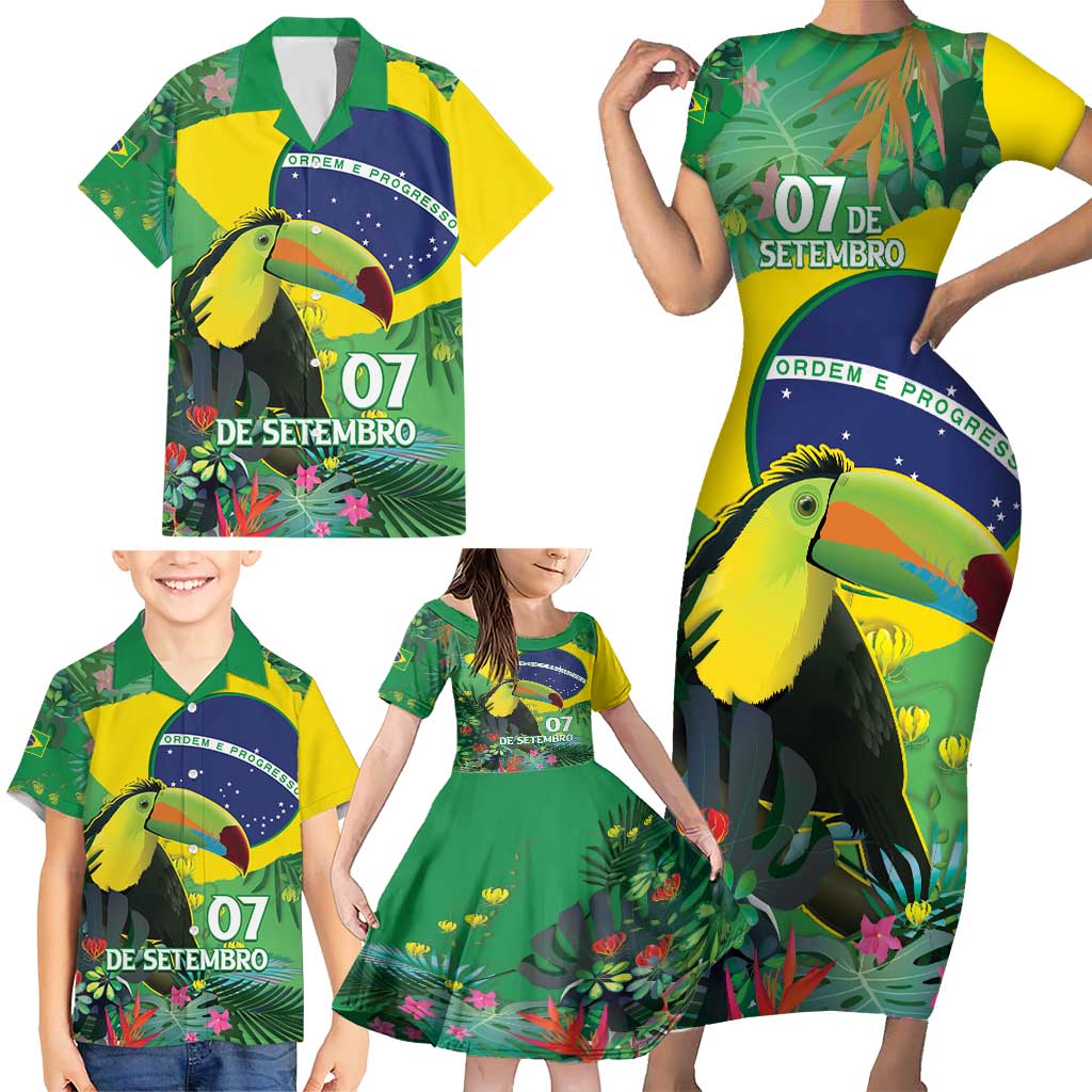 Feliz Dia Da Indepencencia Brazil Family Matching Short Sleeve Bodycon Dress and Hawaiian Shirt Brasil Toucan Tropical Vibes - Wonder Print Shop