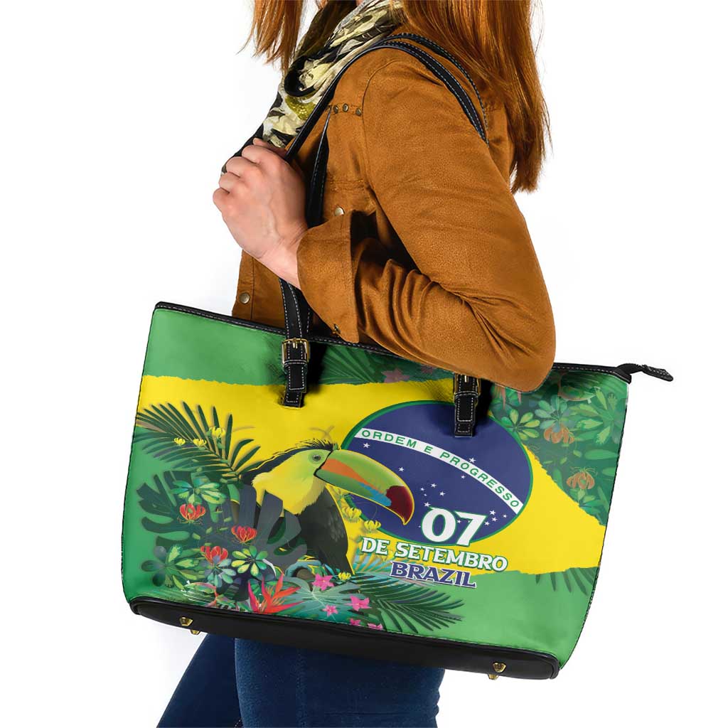 Feliz Dia Da Indepencencia Brazil Leather Tote Bag Brasil Toucan Tropical Vibes - Wonder Print Shop