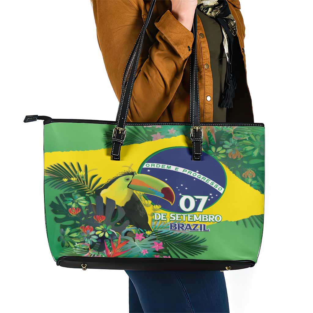 Feliz Dia Da Indepencencia Brazil Leather Tote Bag Brasil Toucan Tropical Vibes - Wonder Print Shop