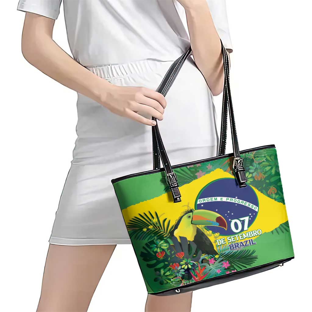 Feliz Dia Da Indepencencia Brazil Leather Tote Bag Brasil Toucan Tropical Vibes - Wonder Print Shop