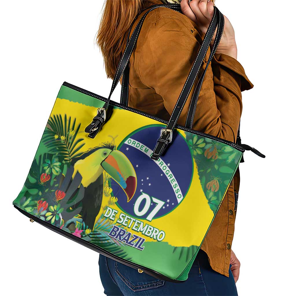 Feliz Dia Da Indepencencia Brazil Leather Tote Bag Brasil Toucan Tropical Vibes - Wonder Print Shop