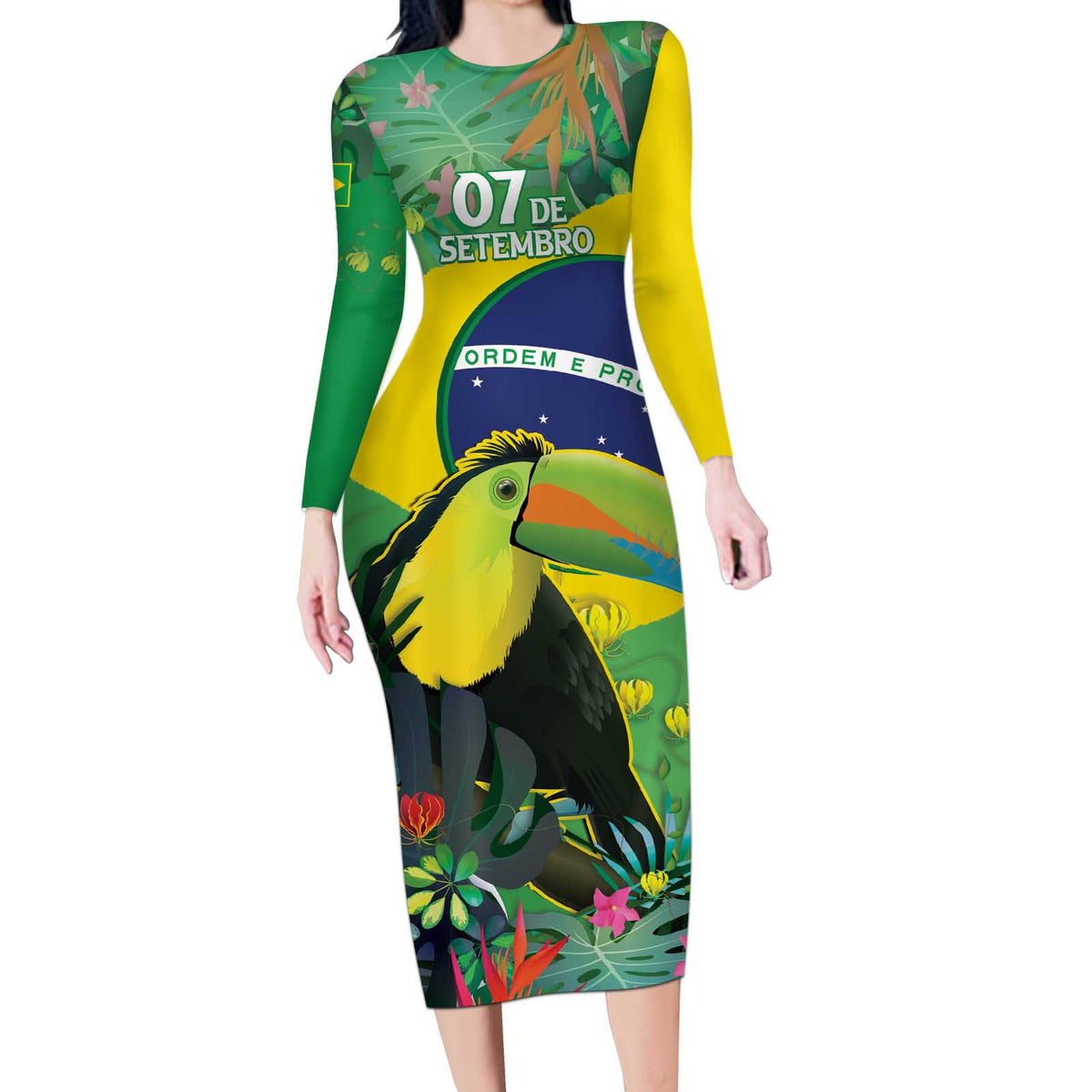 Feliz Dia Da Indepencencia Brazil Long Sleeve Bodycon Dress Brasil Toucan Tropical Vibes - Wonder Print Shop