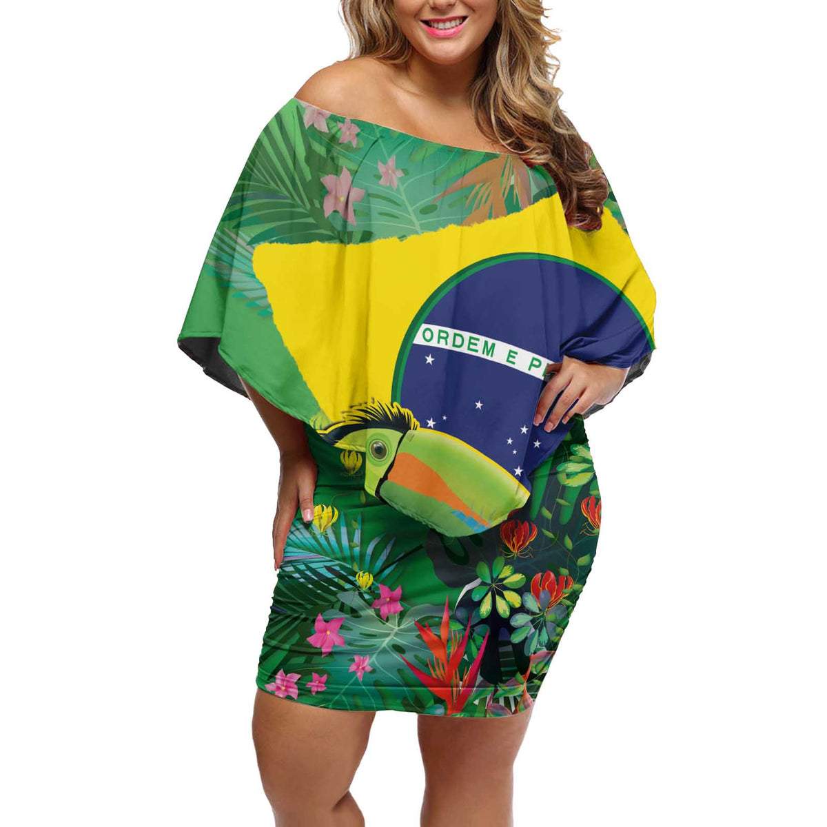 Feliz Dia Da Indepencencia Brazil Off Shoulder Short Dress Brasil Toucan Tropical Vibes - Wonder Print Shop