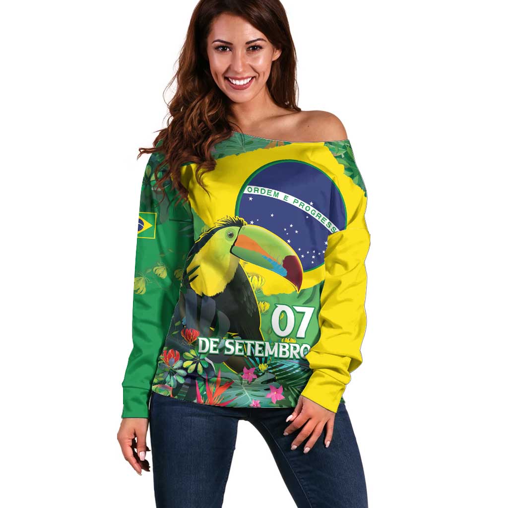 Feliz Dia Da Indepencencia Brazil Off Shoulder Sweater Brasil Toucan Tropical Vibes - Wonder Print Shop