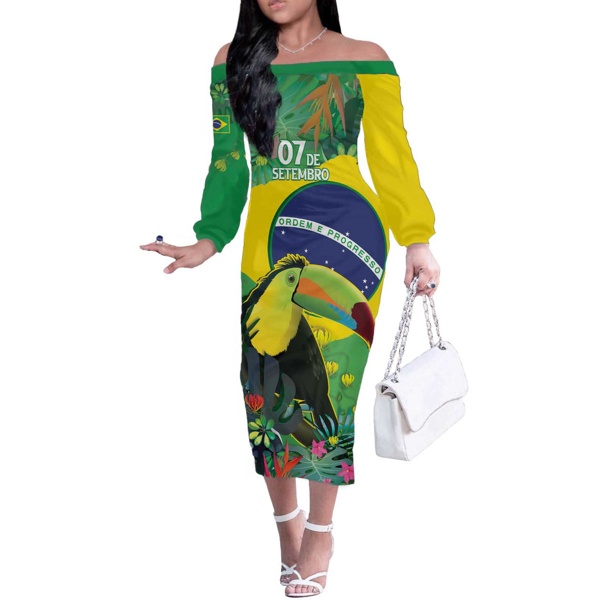Feliz Dia Da Indepencencia Brazil Off The Shoulder Long Sleeve Dress Brasil Toucan Tropical Vibes - Wonder Print Shop