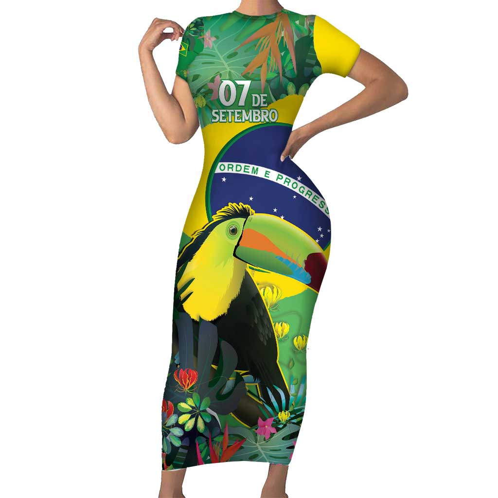 Feliz Dia Da Indepencencia Brazil Short Sleeve Bodycon Dress Brasil Toucan Tropical Vibes - Wonder Print Shop