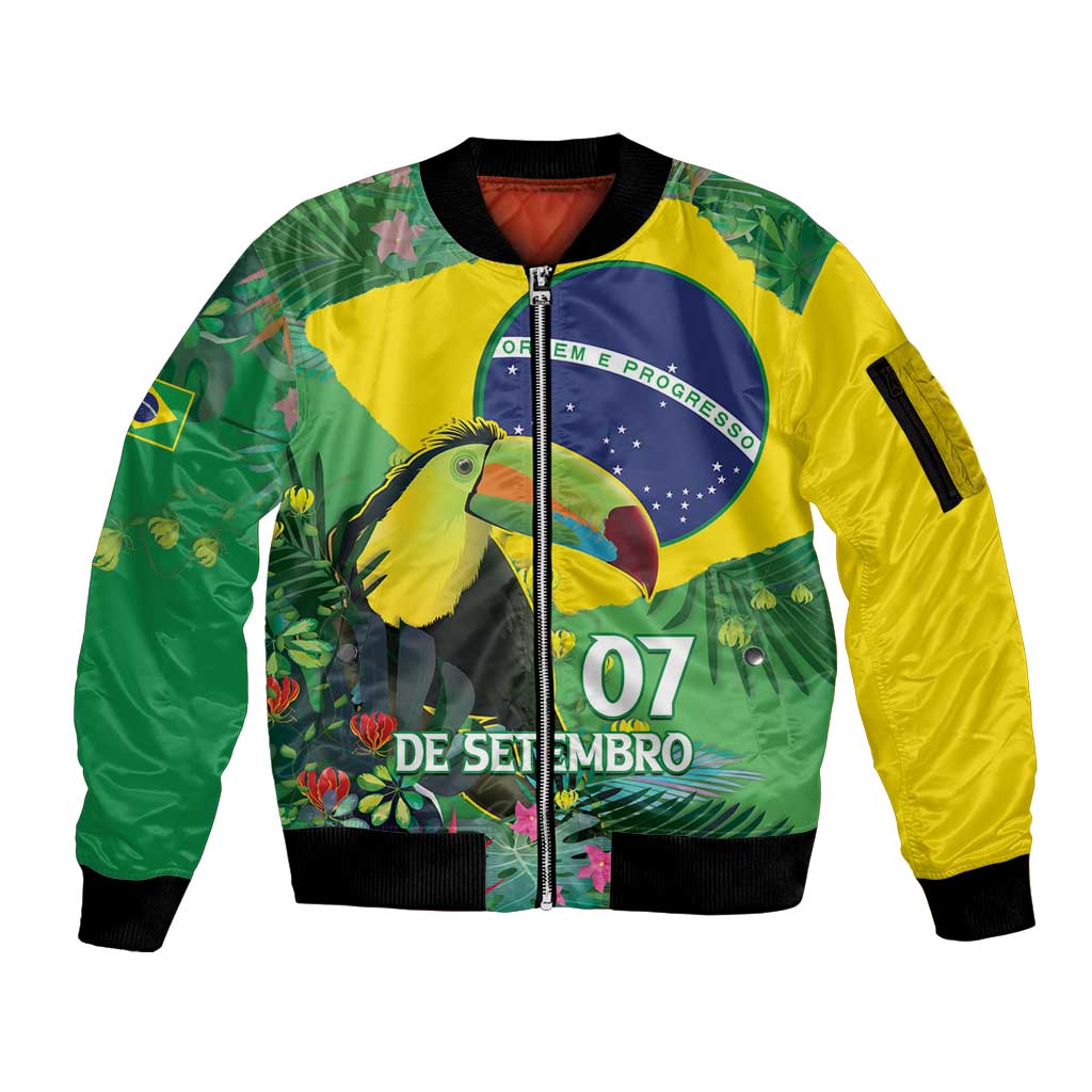 Feliz Dia Da Indepencencia Brazil Sleeve Zip Bomber Jacket Brasil Toucan Tropical Vibes - Wonder Print Shop