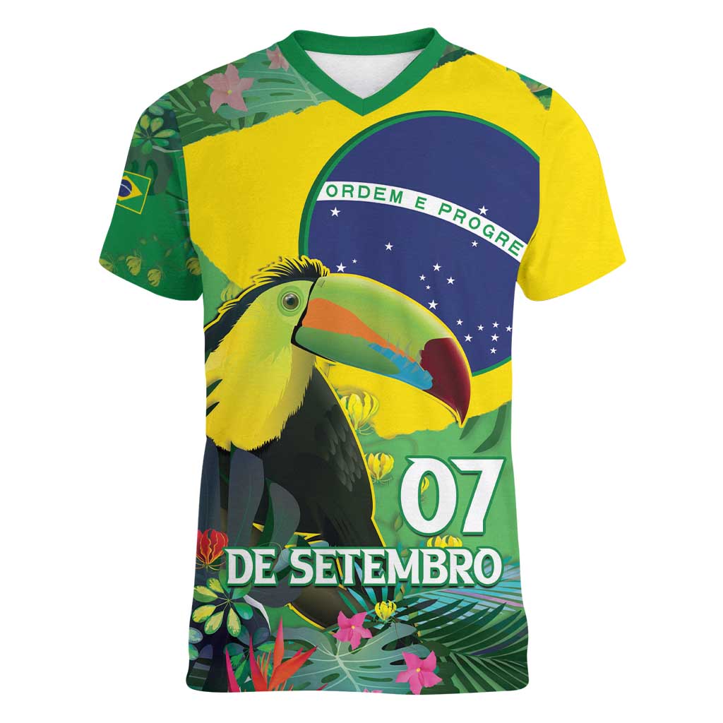 Feliz Dia Da Indepencencia Brazil Women V-Neck T-Shirt Brasil Toucan Tropical Vibes - Wonder Print Shop