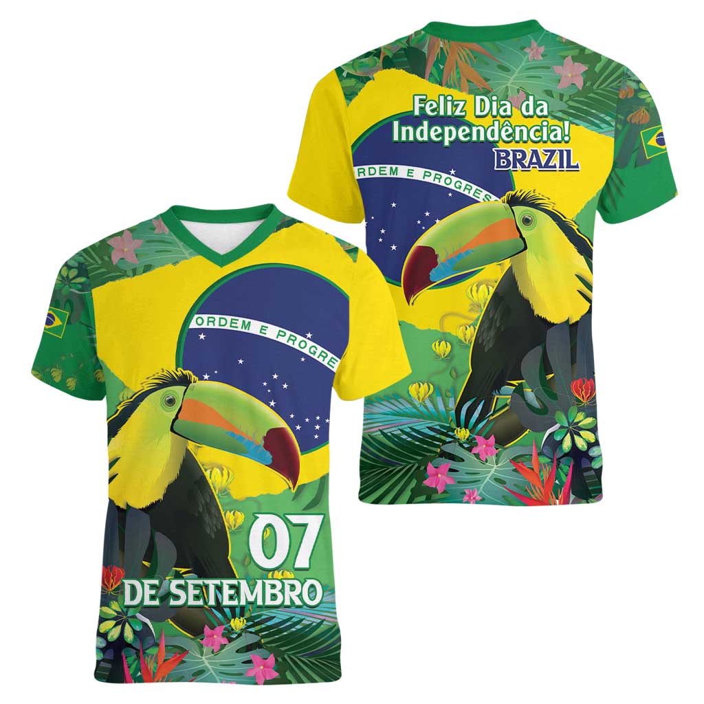 Feliz Dia Da Indepencencia Brazil Women V-Neck T-Shirt Brasil Toucan Tropical Vibes - Wonder Print Shop