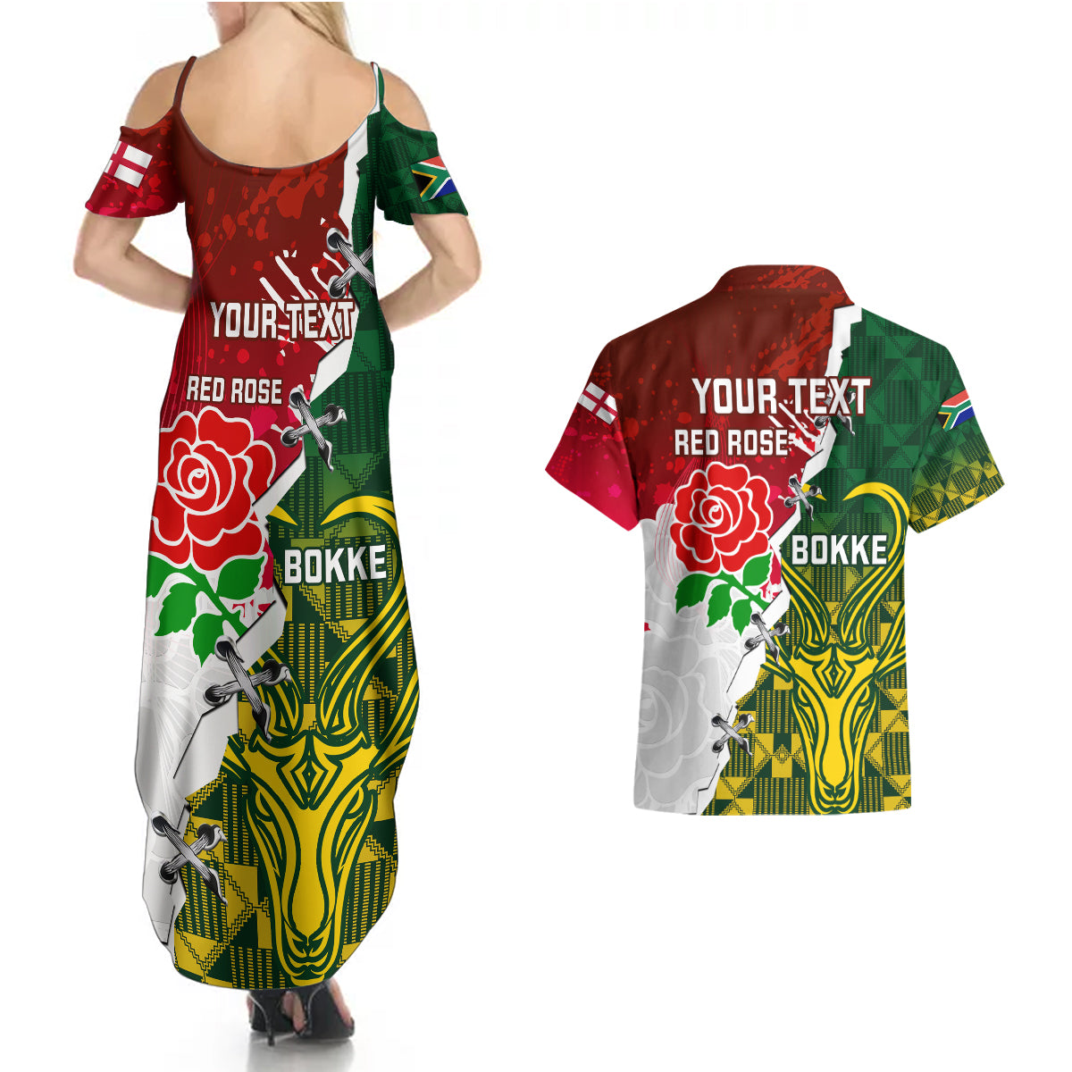 Personalised South Africa And England Rugby Couples Matching Summer Maxi Dress and Hawaiian Shirt 2023 Springboks Combine Red Roses Sporty Style - Wonder Print Shop