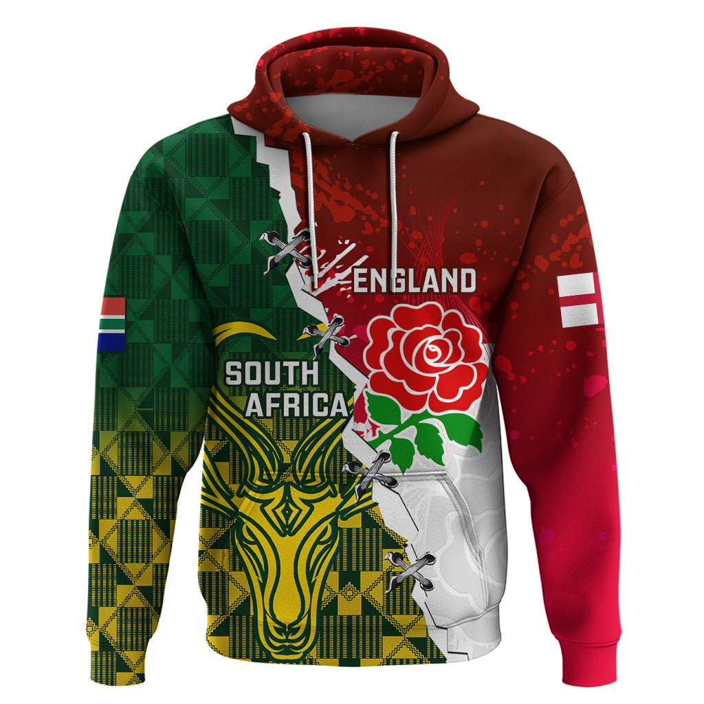 Personalised South Africa And England Rugby Hoodie 2023 Springboks Combine Red Roses Sporty Style - Wonder Print Shop