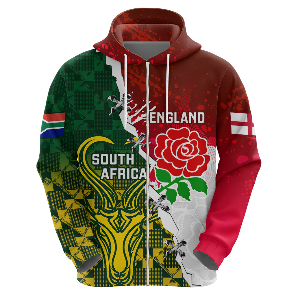 Personalised South Africa And England Rugby Hoodie 2023 Springboks Combine Red Roses Sporty Style - Wonder Print Shop