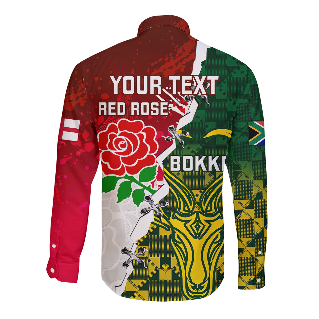 Personalised South Africa And England Rugby Long Sleeve Button Shirt 2023 Springboks Combine Red Roses Sporty Style - Wonder Print Shop