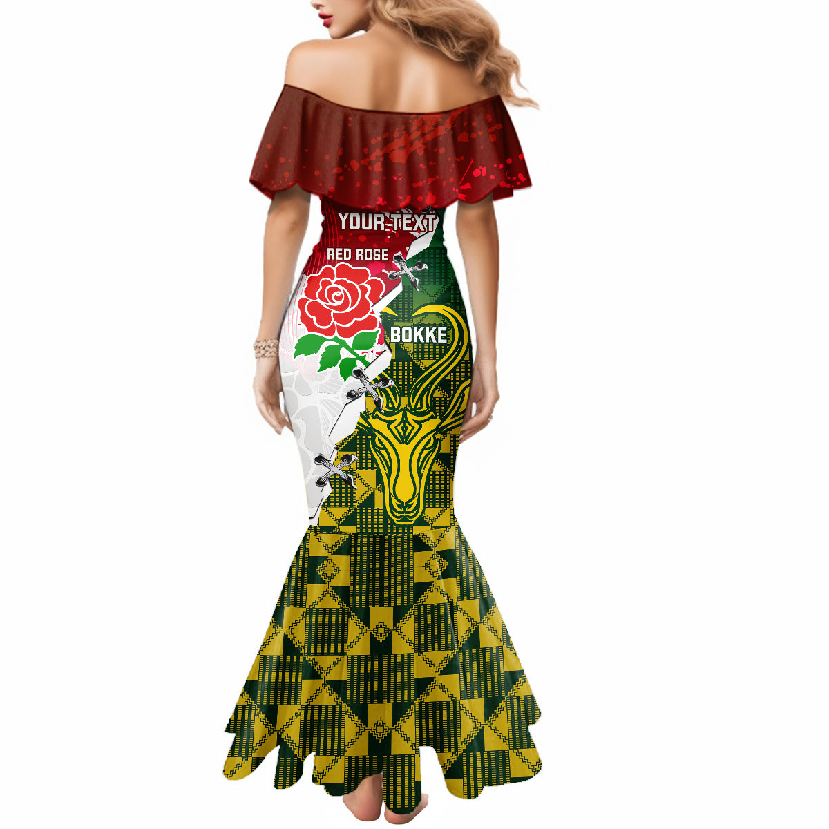 Personalised South Africa And England Rugby Mermaid Dress 2023 Springboks Combine Red Roses Sporty Style - Wonder Print Shop