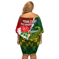 Personalised South Africa And England Rugby Off Shoulder Short Dress 2023 Springboks Combine Red Roses Sporty Style - Wonder Print Shop