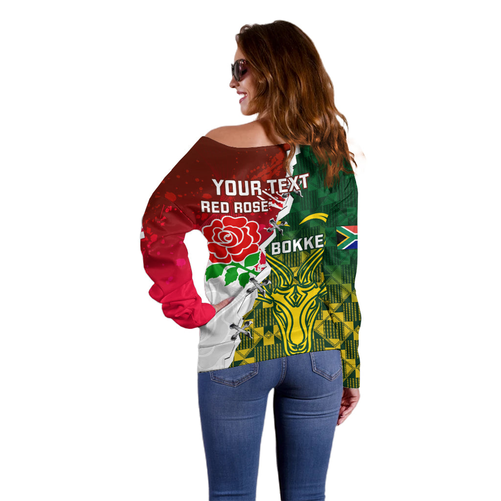 Personalised South Africa And England Rugby Off Shoulder Sweater 2023 Springboks Combine Red Roses Sporty Style - Wonder Print Shop