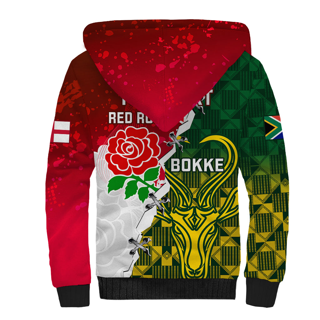 Personalised South Africa And England Rugby Sherpa Hoodie 2023 Springboks Combine Red Roses Sporty Style - Wonder Print Shop