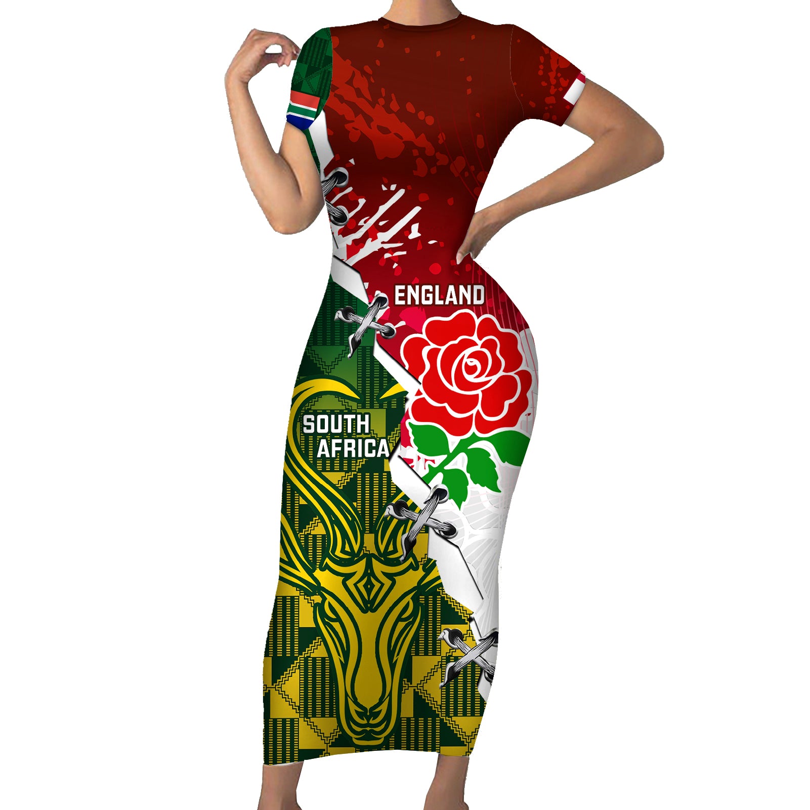 Personalised South Africa And England Rugby Short Sleeve Bodycon Dress 2023 Springboks Combine Red Roses Sporty Style - Wonder Print Shop