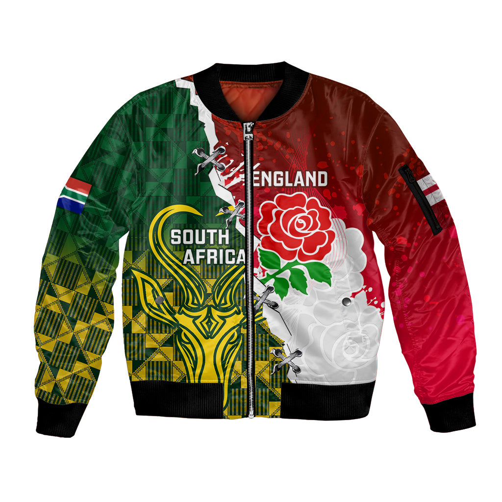 Personalised South Africa And England Rugby Sleeve Zip Bomber Jacket 2023 Springboks Combine Red Roses Sporty Style - Wonder Print Shop